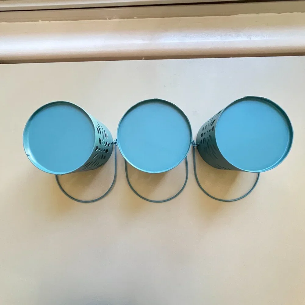New Pier 1 Tea Light Holders Set of 3 Metal with Handle Teal Turquoise Blue